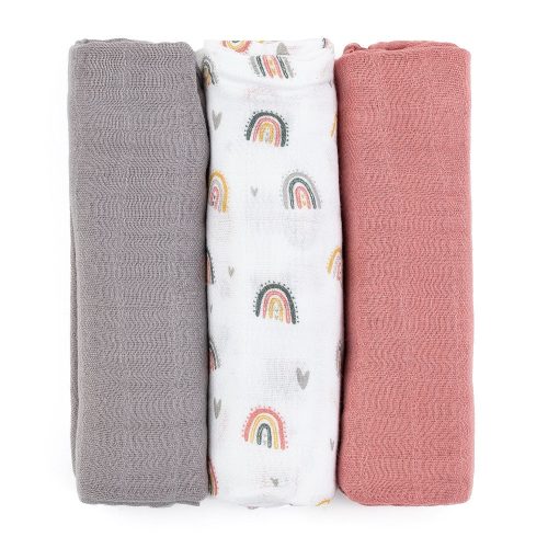 Petite&Mars Bambusz muszlin 3db-os pelenka szett, Moussy Rose Rainbows, 68 x 68 cm