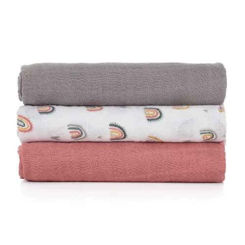 Petite&Mars Bambusz muszlin 3db-os pelenka szett, Moussy Rose Rainbows, 68 x 68 cm