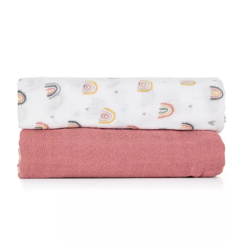 Petite&Mars Bambusz muszlin 2db-os pelenka szett, Misty Rose Rainbow, 120 x 120 cm