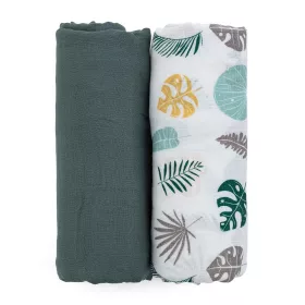   Petite&Mars Bambusz muszlin 2db-os pelenka szett, Misty Green Leaves, 120 x 120 cm