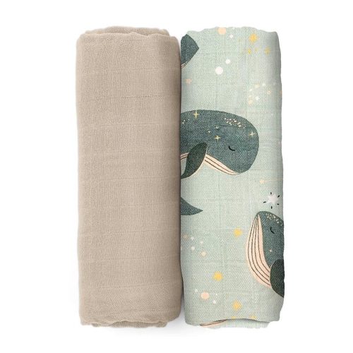 Petite&Mars Bambusz muszlin 2db-os pelenka szett Misty Whale Song 120 x 120 cm