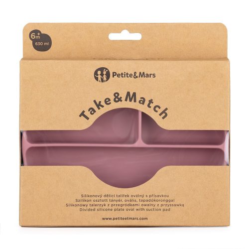 Petite&Mars Szilikon osztott ovális tányér, Take&Match, Dusty Rose, 6 hó+