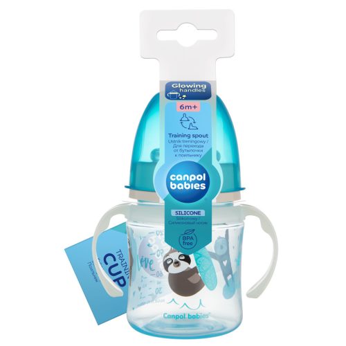 Canpol babies Szilikon ivócsőrős tanulópohár, világító fogantyúval, EXOTIC ANIMALS, 120 ml, kék