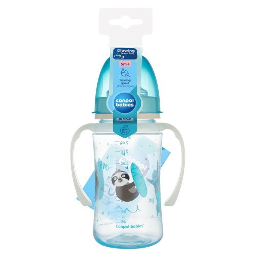 Canpol babies Szilikon ivócsőrős tanulópohár, világító fogantyúval, EXOTIC ANIMALS, 240 ml, kék