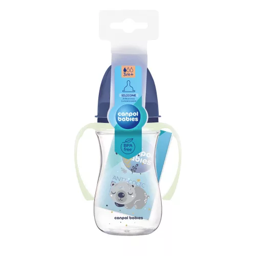 Canpol babies Anti-kólikás cumisüveg, világító fogantyúval, EasyStart, SLEEPY KOALA, 240 ml - kék