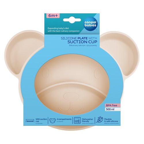 Canpol babies Szilikon osztott tányér, tapadókoronggal, Mackó - krémszín
