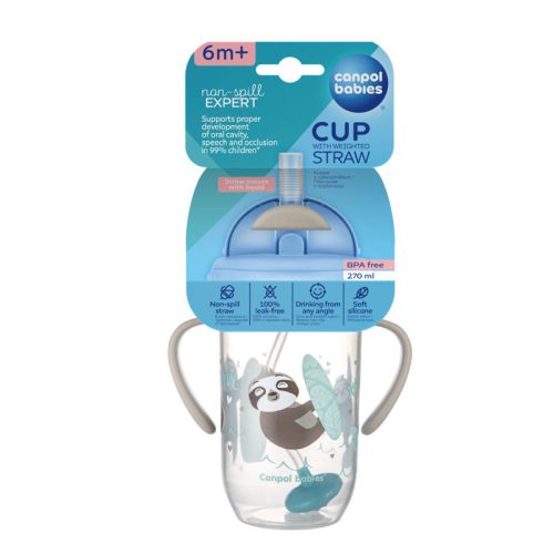 Canpol babies Súlyozott szívószálas cseppmentes itatópohár, 270ml, 6hó+, EXOTIC ANIMALS - szürke