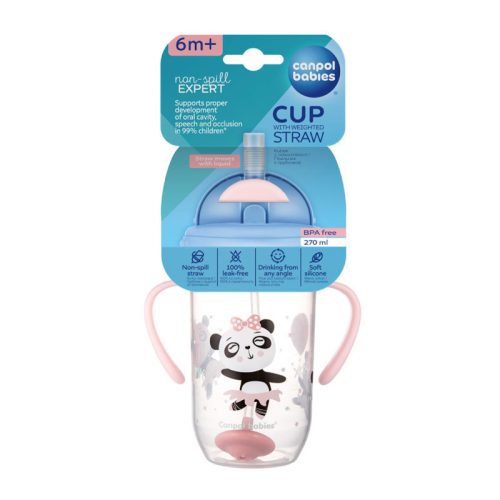 Canpol babies Súlyozott szívószálas cseppmentes itatópohár, 270ml, 6hó+, EXOTIC ANIMALS - pink