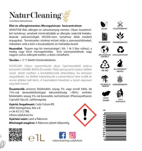 NaturCleaning Mosogatószer koncentrátum 1 liter - sensitive illat és allergénmentes