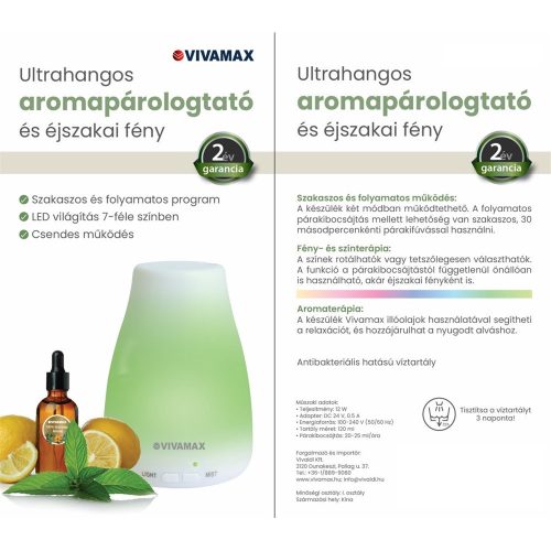 Vivamax Ultrahangos illóolaj párologtató és éjszakai fény